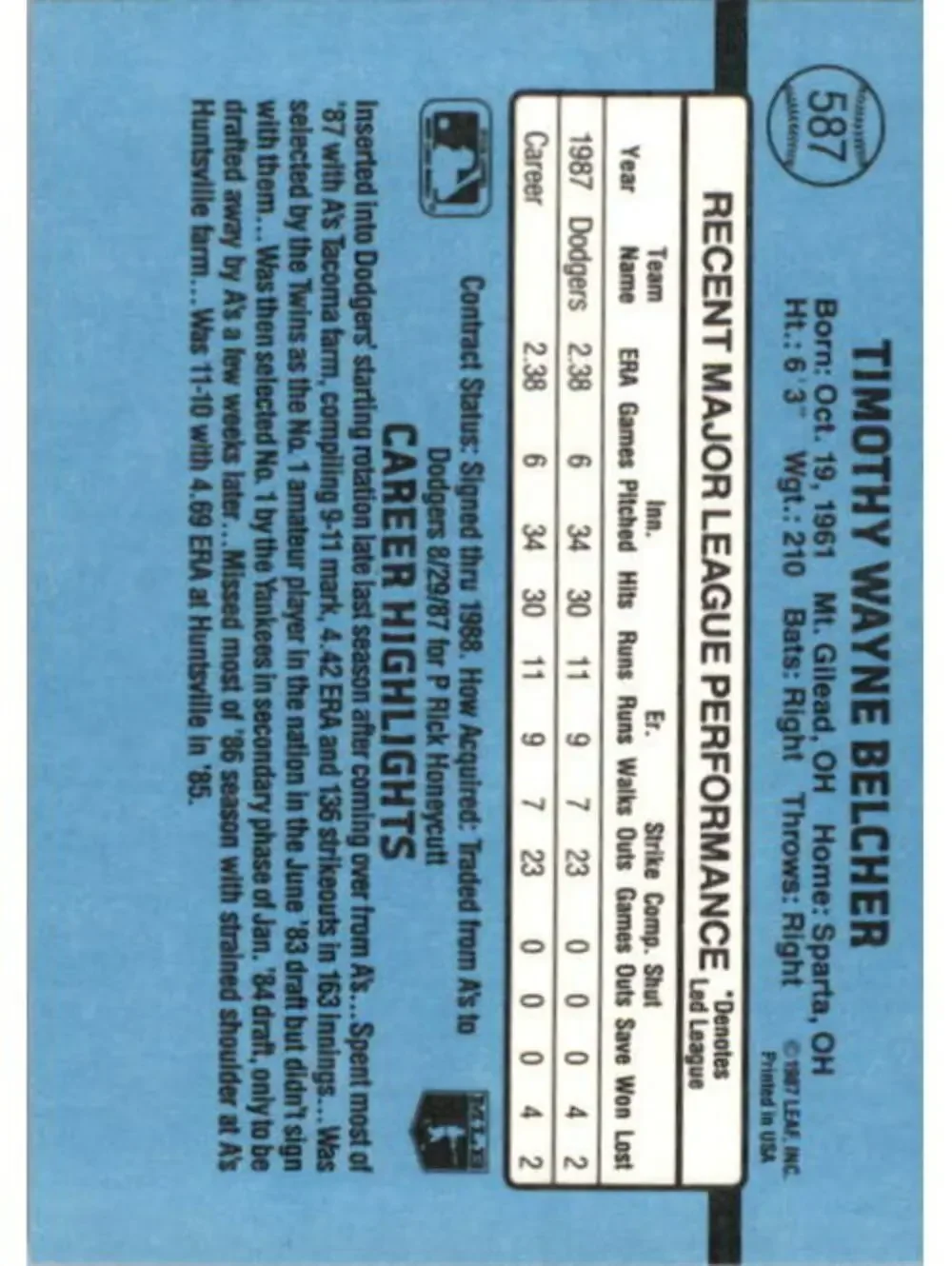 1988 Tim Belcher Donruss Baseball Card #587